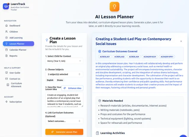 AI Lesson Planner showing lesson creation form and generated lesson plan