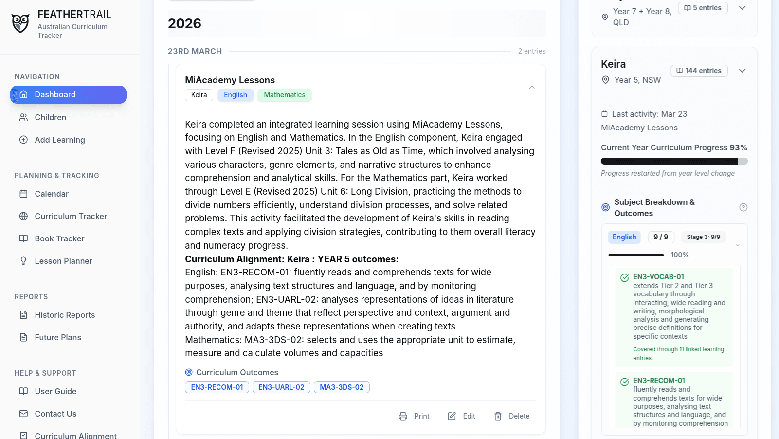 FeatherTrail dashboard showing a realistic learning entry, curriculum tracker progress, and homeschool evidence examples