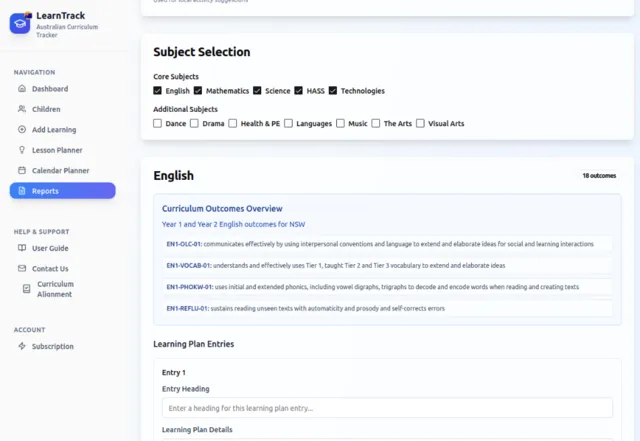 Future reports planning interface with subject selection and curriculum outcomes