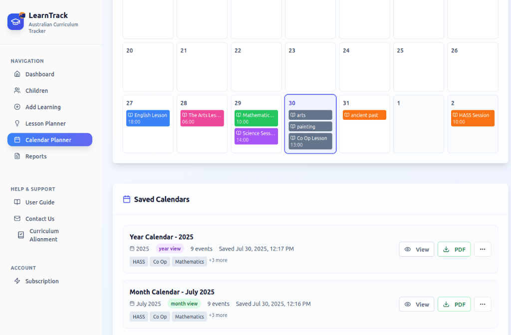 Monthly calendar view showing learning activities and saved calendar management