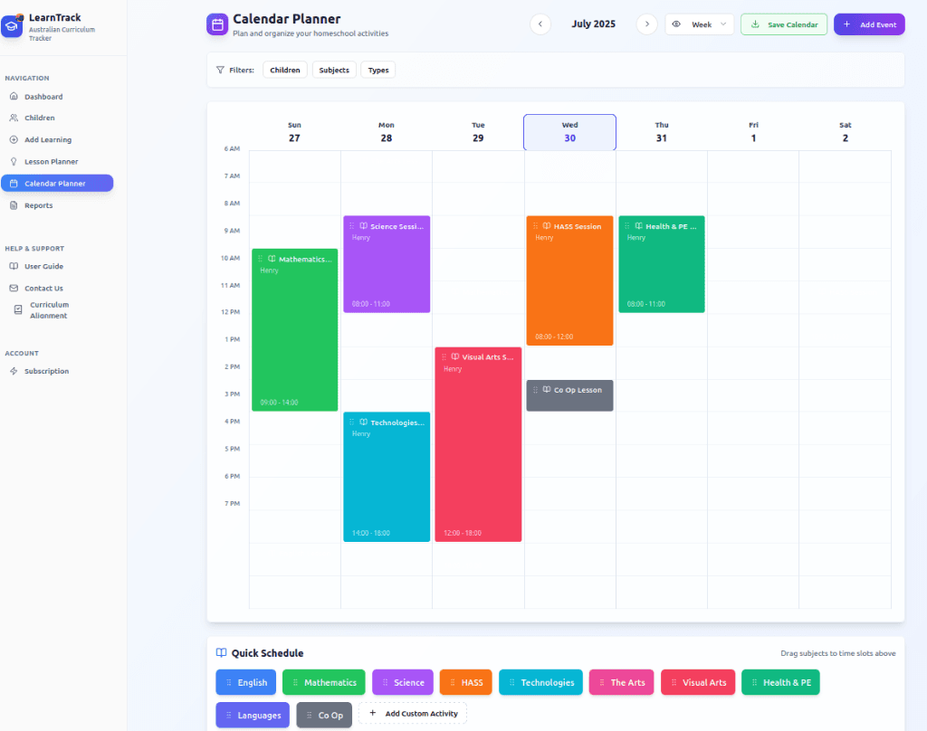 Weekly calendar view showing scheduled learning activities with drag and drop interface