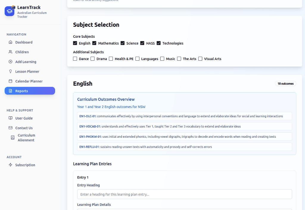 Future reports planning interface with subject selection and curriculum outcomes