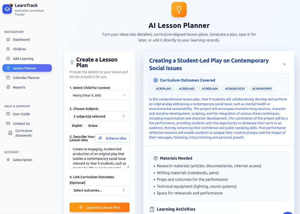 Add learning form interface showing subject selection and curriculum outcomes